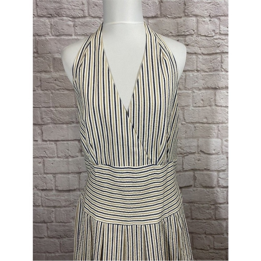DUÉ Per DUÉ Retro Seersucker Halter Dress - Pleated Striped Woven Cotton - Picture 4 of 8